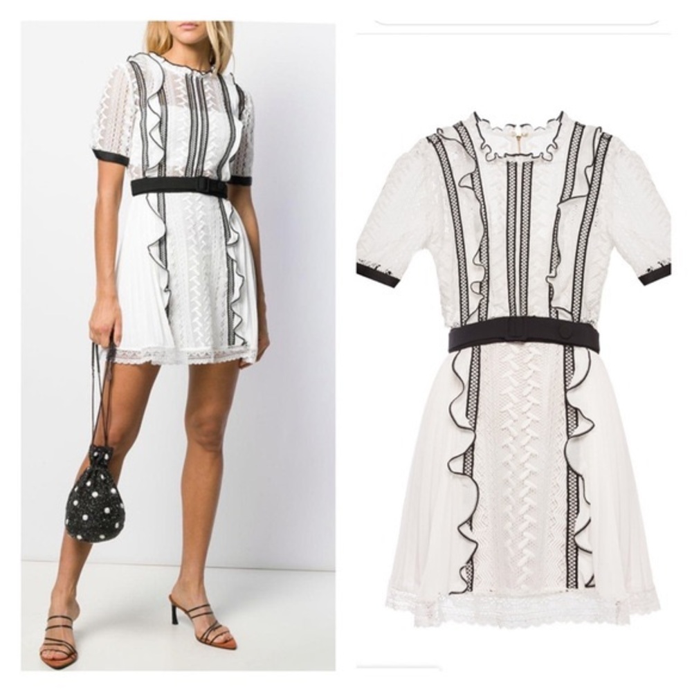 SELF-PORTRAIT White Lace Black Trim Embrodiered Monochrome Mini Dress SZ US 6